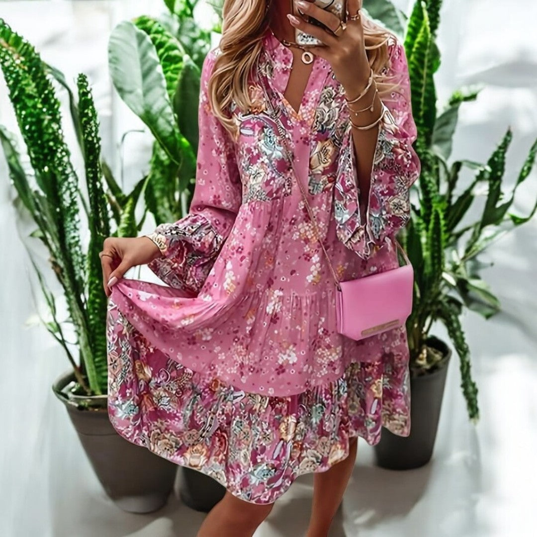 Boho Kjole med Blomsterprint | Løse Ærmer | Let og Feminin