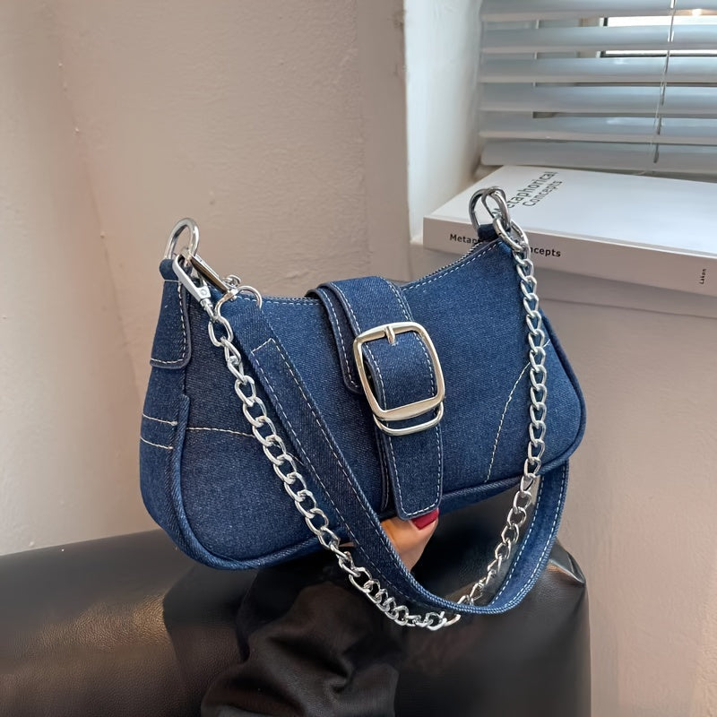 Skuldertaske i Denim | Kæderem & Spændedetalje | Cool & Urban