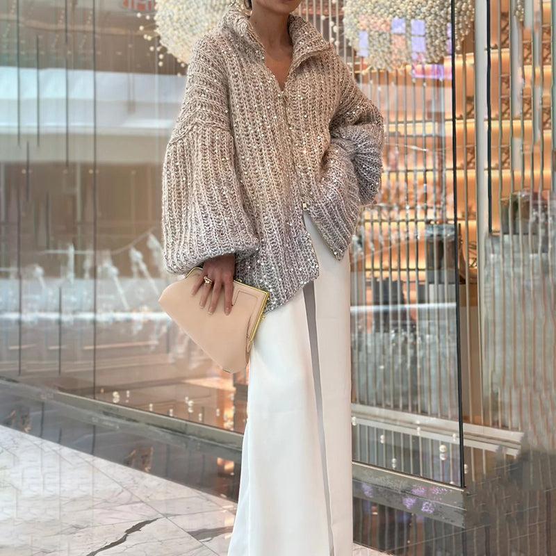 Striktrøje med Pailletter | Ballonærmer | Elegant & Håndstrikket Look