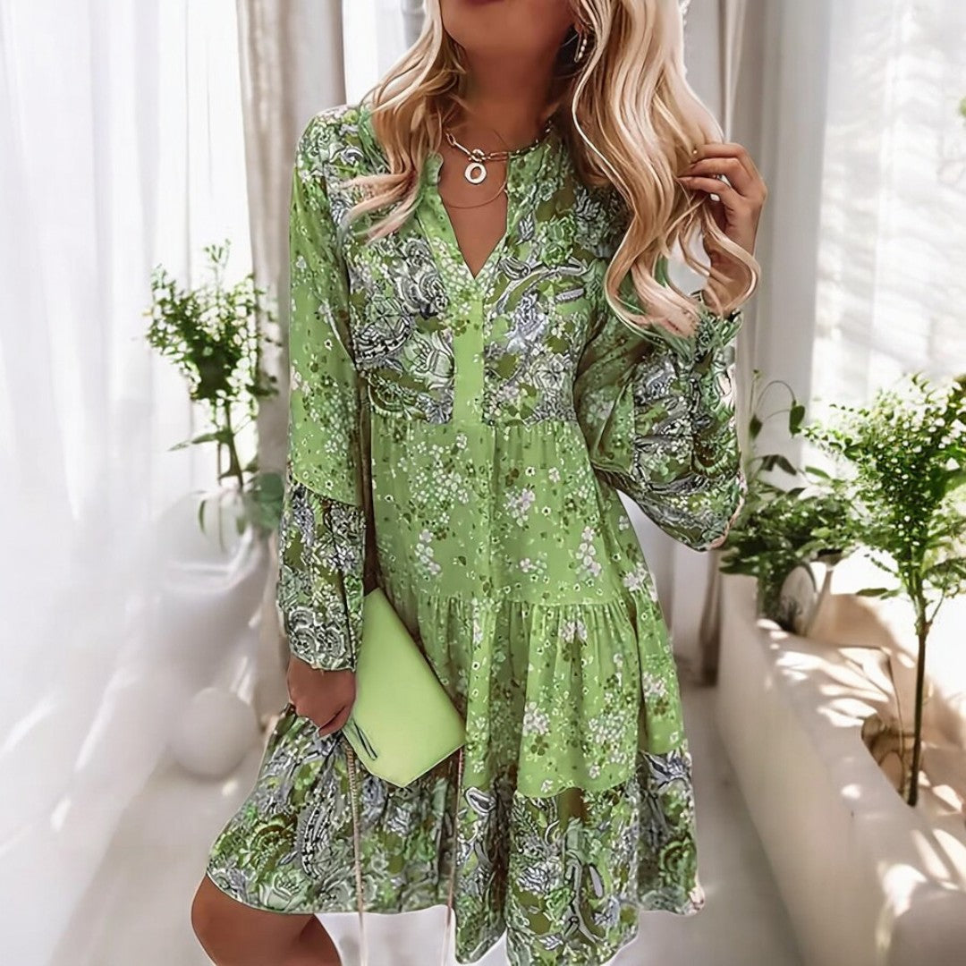 Boho Kjole med Blomsterprint | Løse Ærmer | Let og Feminin