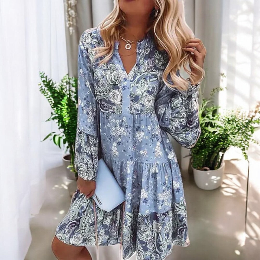 Boho Kjole med Blomsterprint | Løse Ærmer | Let og Feminin