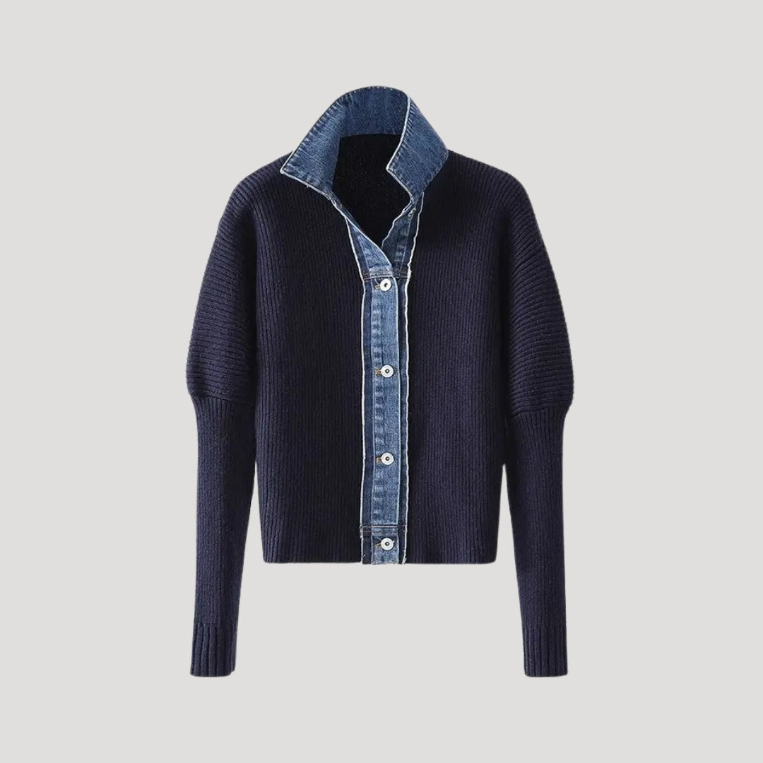 Strikcardigan med Denimdetaljer til Kvinder | Uldblanding | Trendy, Unik & Lag-venlig