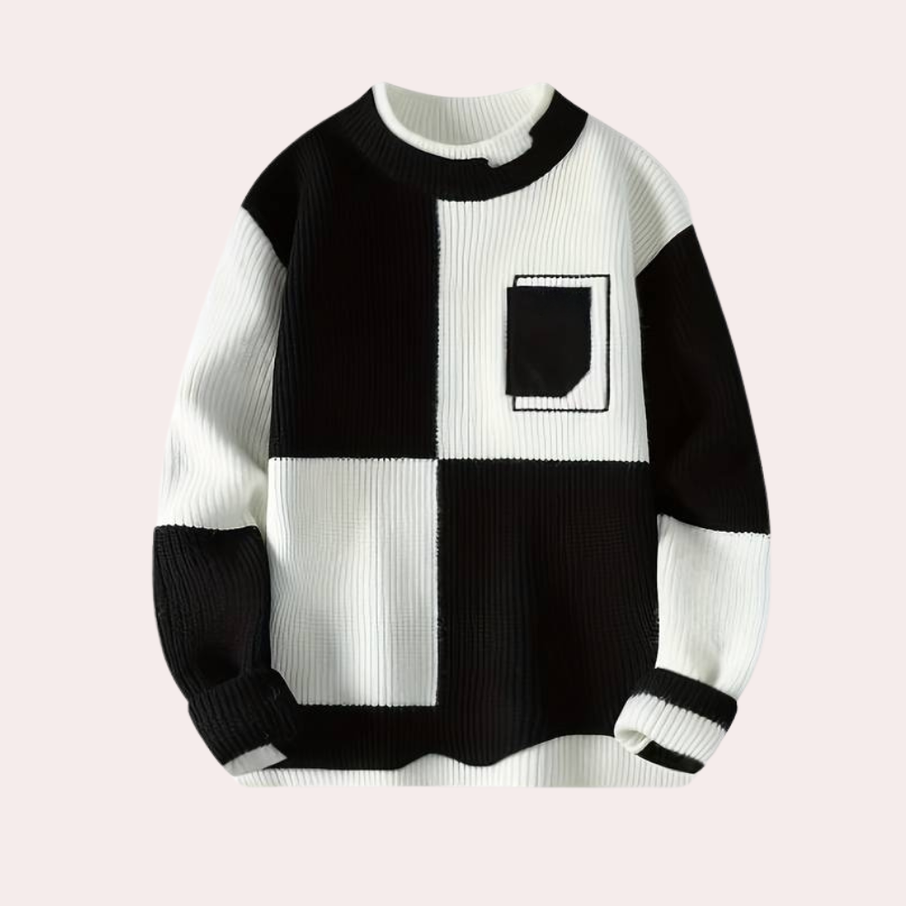 Strikket Sweater med Ternede Kontraster | Blød Strik | Moderne Design