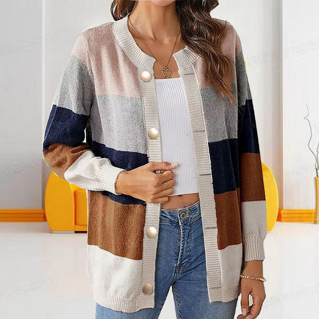 Pastelfarvet Stribet Cardigan | Polyester | Stilfuld, Farverig