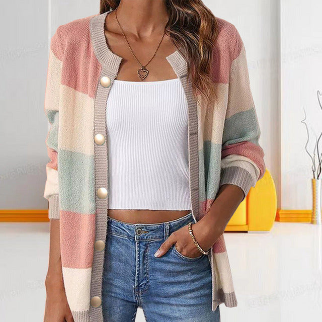 Pastelfarvet Stribet Cardigan | Polyester | Stilfuld, Farverig