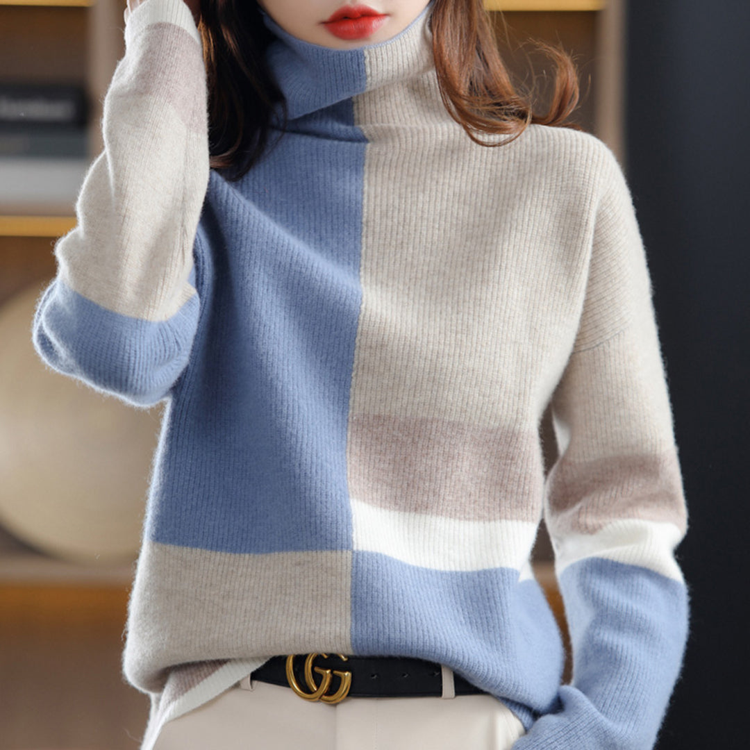 Turtleneck Sweater med Farveblokke | Uld/Polyester | Elegant og Varm