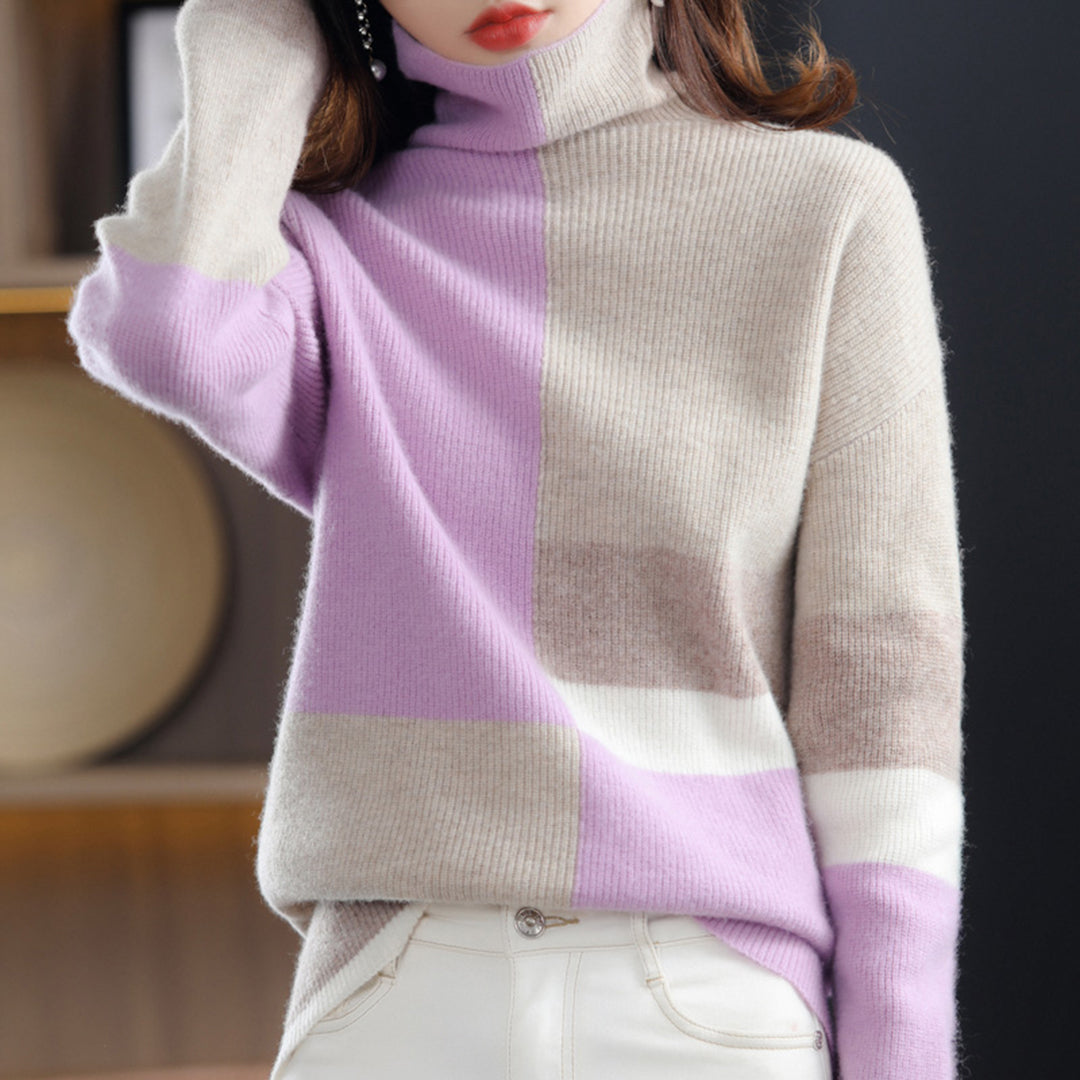 Turtleneck Sweater med Farveblokke | Uld/Polyester | Elegant og Varm