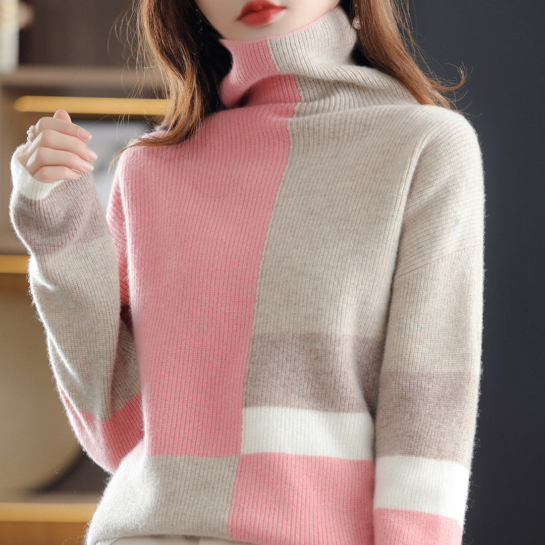 Turtleneck Sweater med Farveblokke | Uld/Polyester | Elegant og Varm