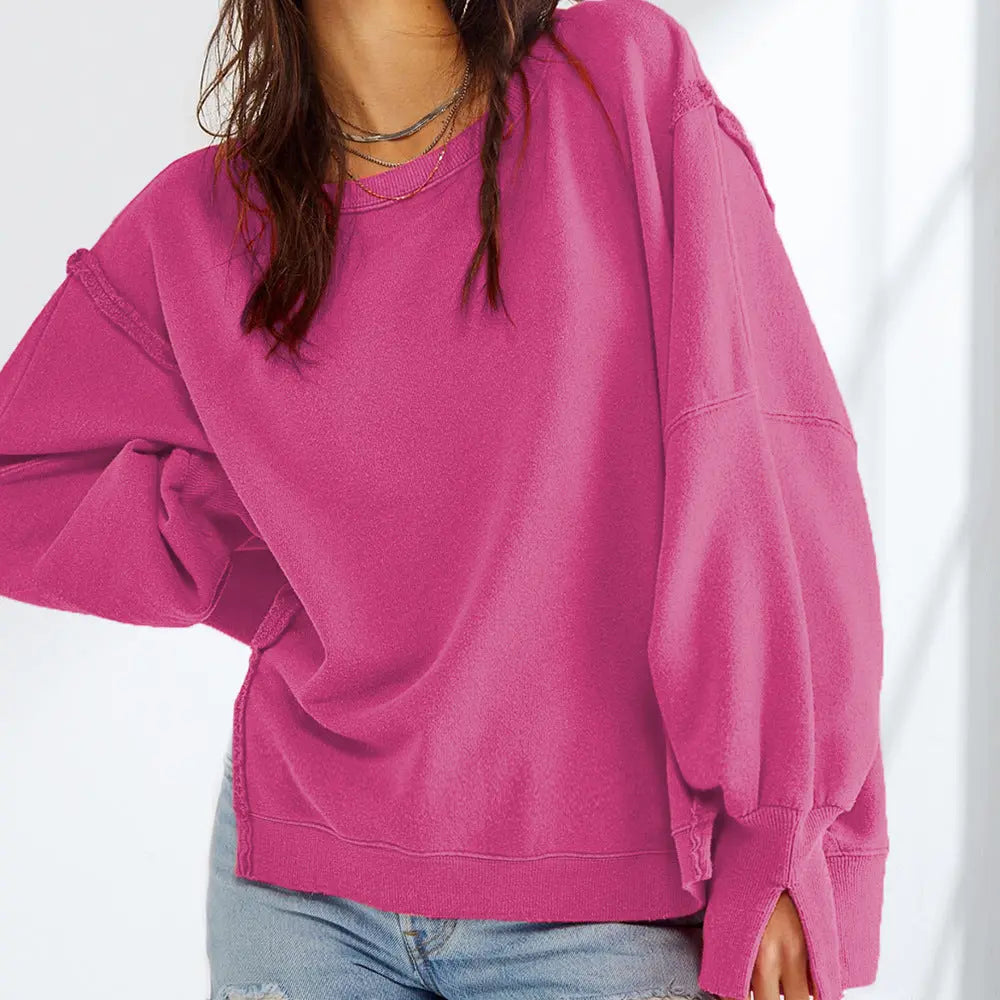 Oversize Rundhalset Sweatshirt | Fuchsia | Bomuld | Afslappet & Trendy