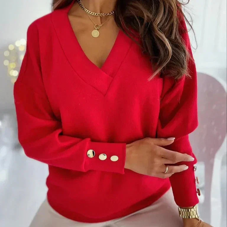 Bluse med Knapdetaljer | V-udskæring | Elegant & Afslappet