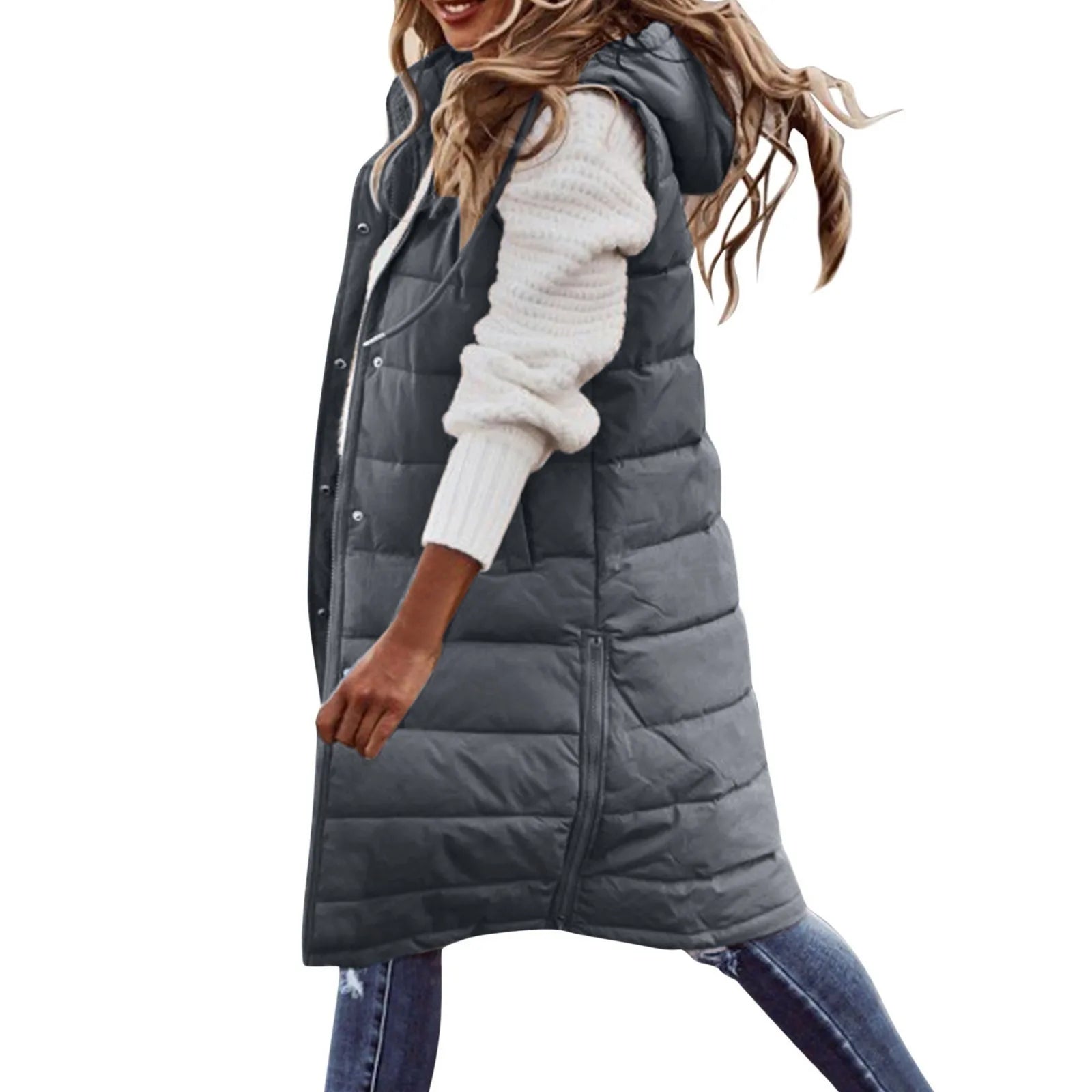 Lang Puffer Vest med Hætte | Polyester | Varm, Trendy