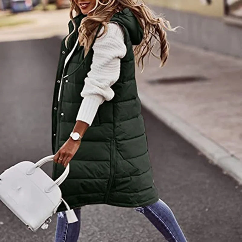 Lang Puffer Vest med Hætte | Polyester | Varm, Trendy