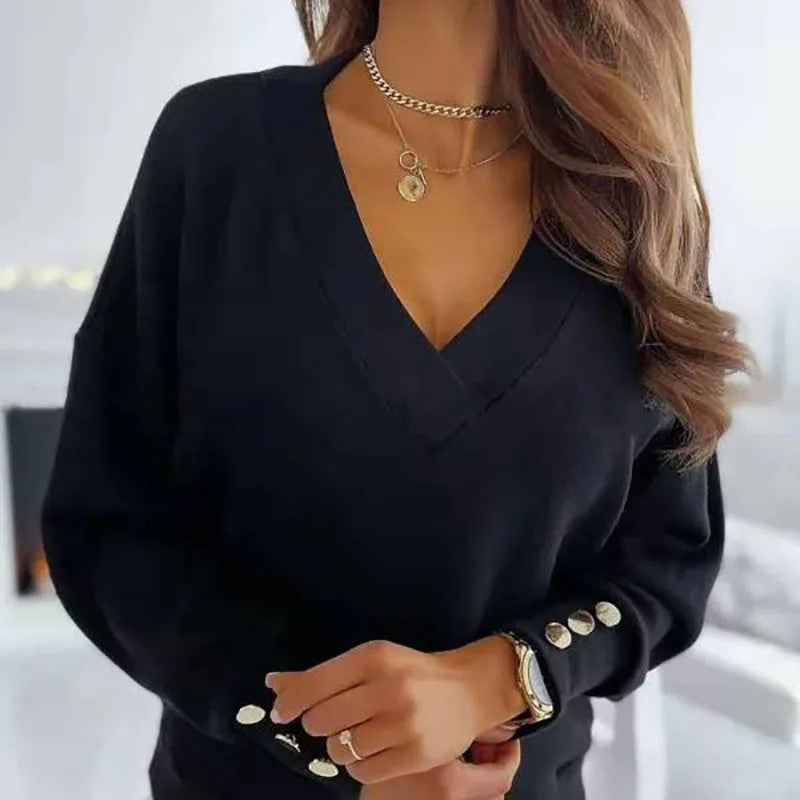 Bluse med Knapdetaljer | V-udskæring | Elegant & Afslappet