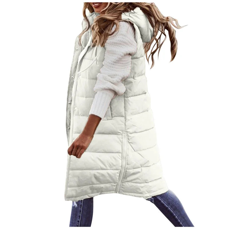 Lang Puffer Vest med Hætte | Polyester | Varm, Trendy