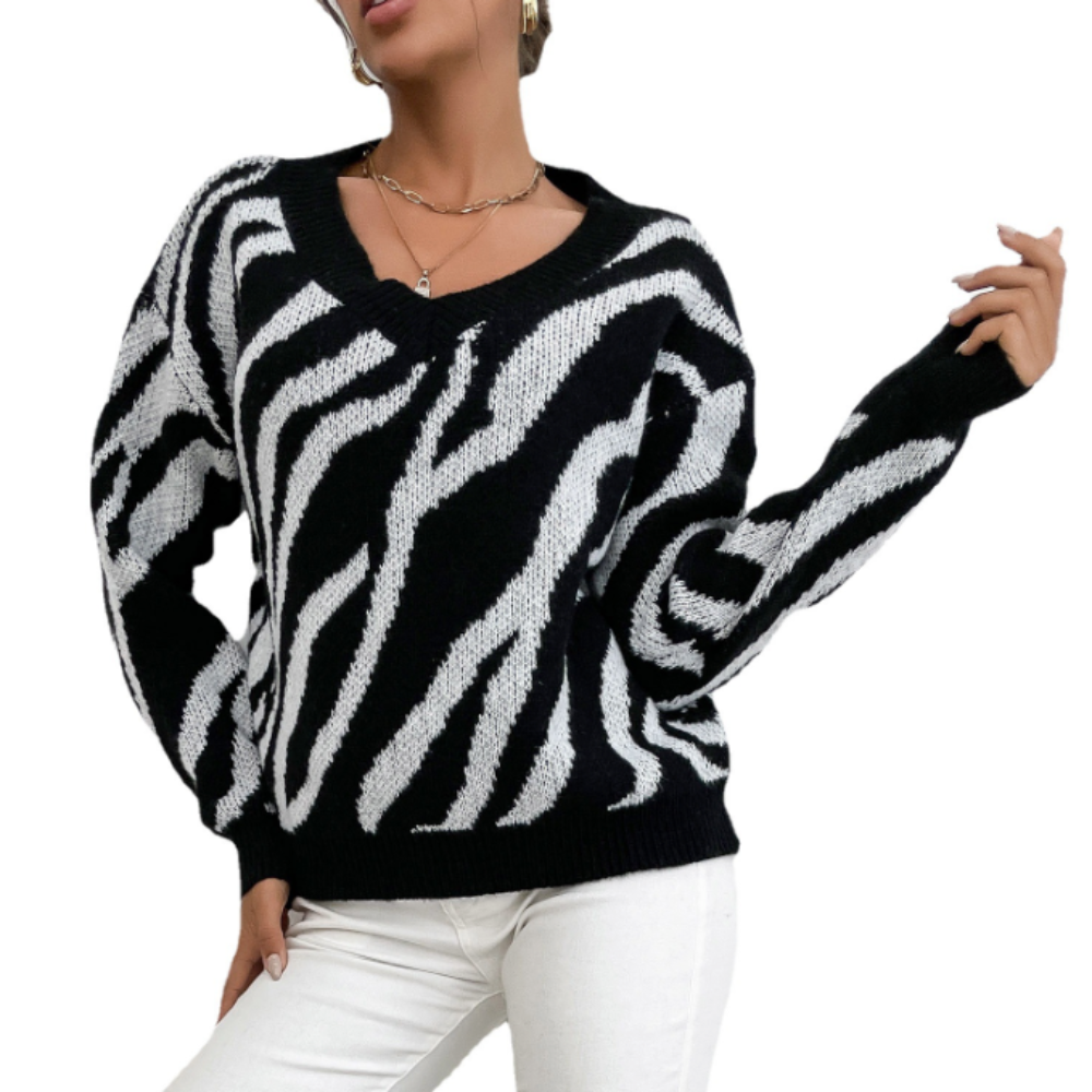 Zebra Mønstret V-Hals Sweater | Blød Strikkvalitet | Statement Stil