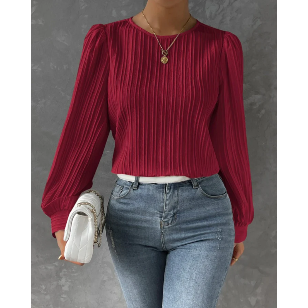 Bluse med Strukturstrik | Lange Ærmer | Elegant og Feminint Design