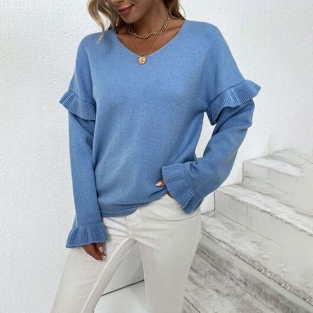 V-Hals Pullover med Flæse Detaljer | Bomuld| Blødt og Elegant Design