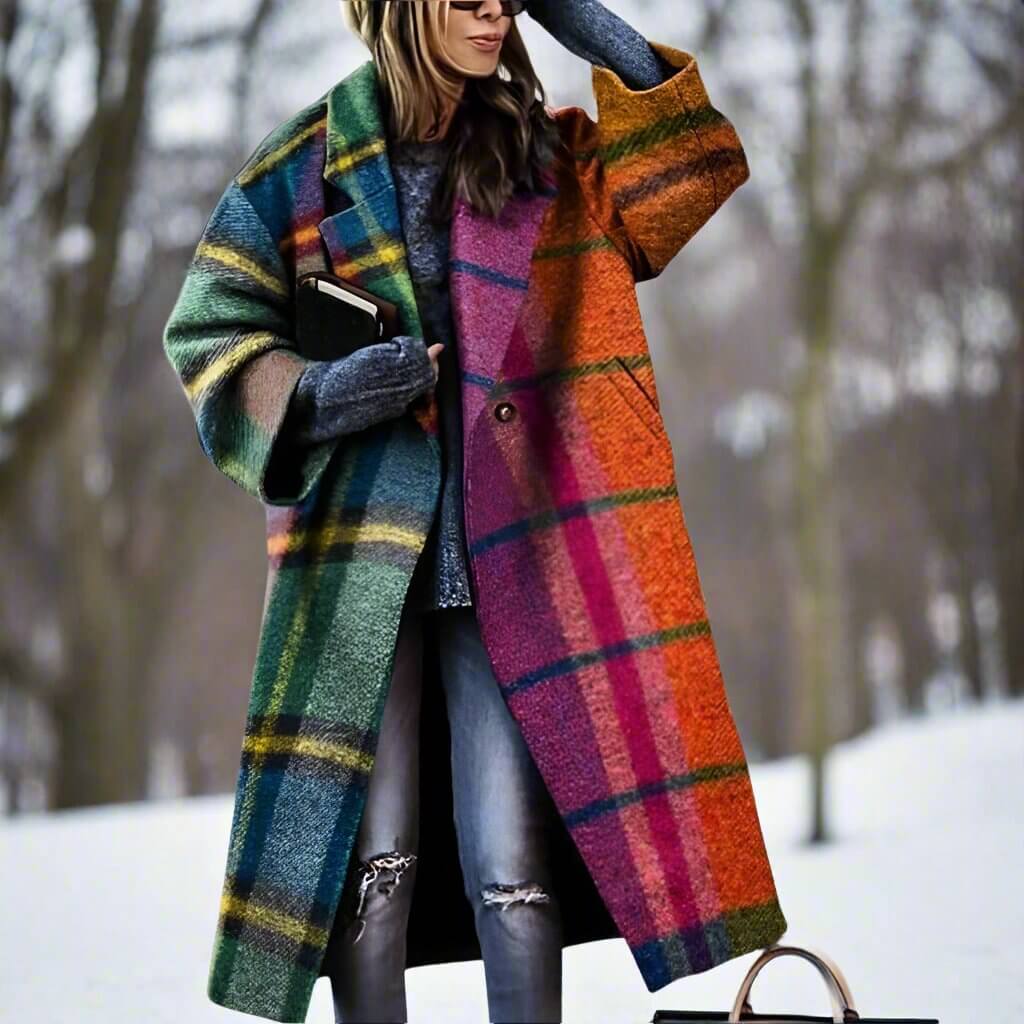 Lang Ternet Uldfrakke til Kvinder | Uldblend | Farverig, Varm & Statement
