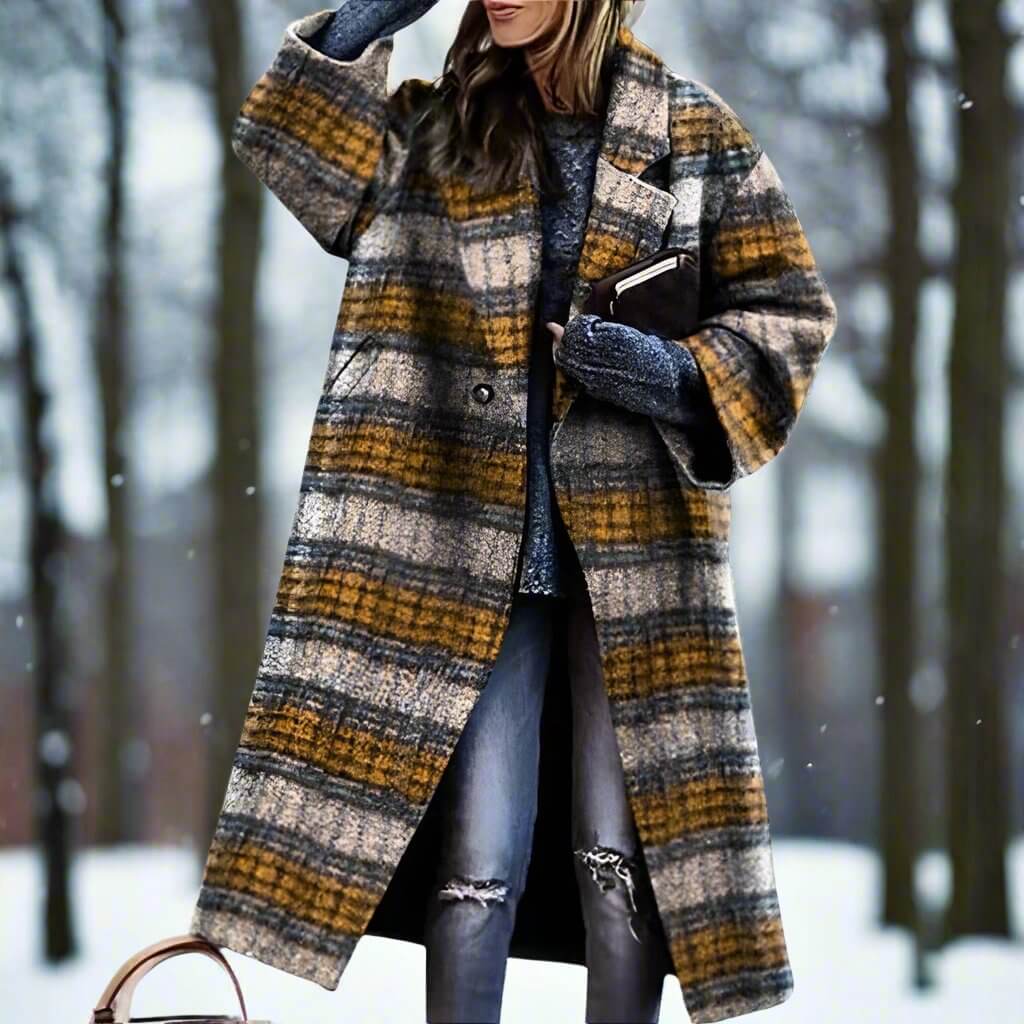 Lang Ternet Uldfrakke til Kvinder | Uldblend | Farverig, Varm & Statement