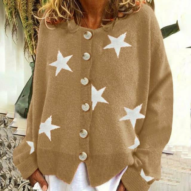 Cardigan med Stjernemønster | Rund Hals | Løs & Komfortabel